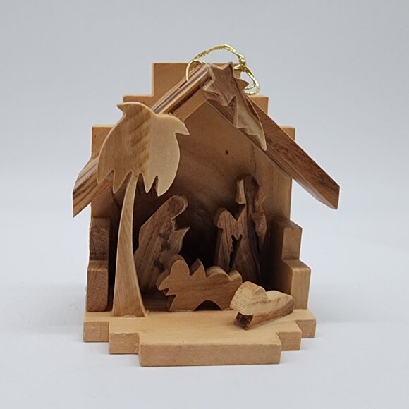 Handcrafted Bethlehem Nativity Scene Wooden Ornament Oak - Picture 1 of 7